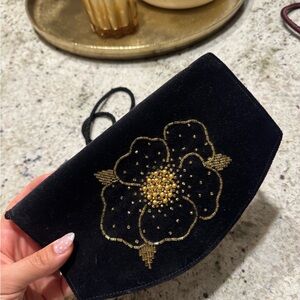 Reclaimed Vintage Black Velvet Clutch with Gold Beaded Flower